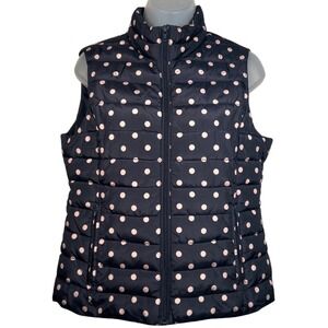 Colebrook Essentials Navy Pink Polka Dot Puffer Vest Sleeveless Jacket Mock Neck